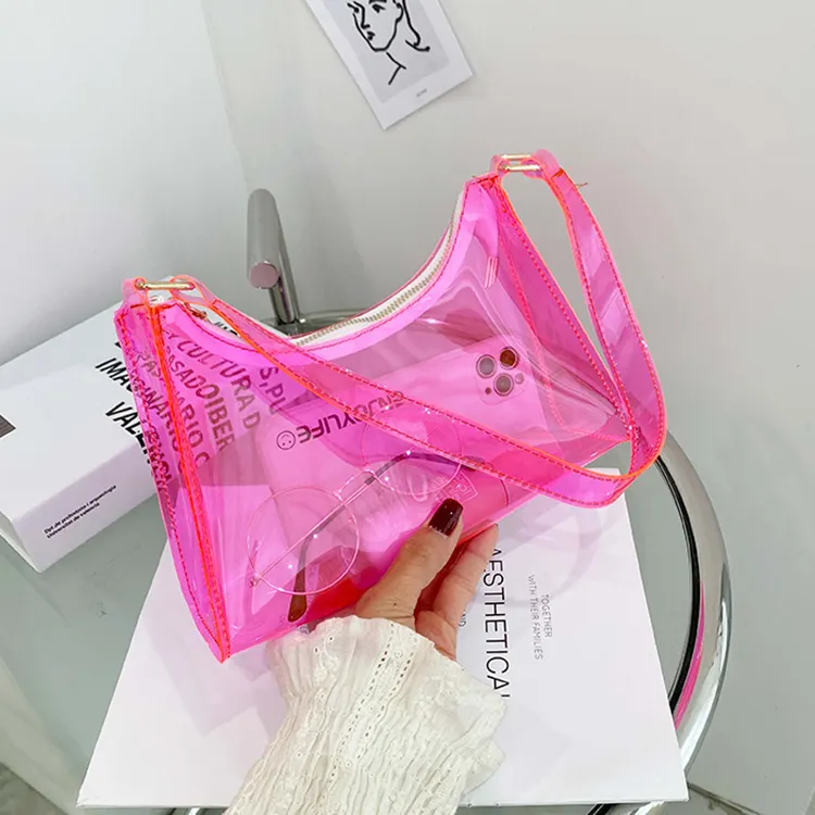 Fashion Designer Ladies Shoulder Pink Transparent PVC Clear Jelly Purses and Handbags for Women