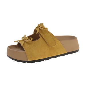 Yellow Suede Slide Sandals <b>Open</b> Toe Flat Heel Platform Comfortable Summer Women's <b>Shoes</b> with Bow Decoration - Product Image 1