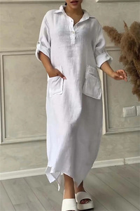 Tốt Nhất Bán Cộng Với Kích Thước Dài Dresses Phụ Nữ Giản Dị Cotton Linen Vải Nửa Tay Áo Ve Áo Maxi Dress Phụ Nữ Với Túi - Product Image 6