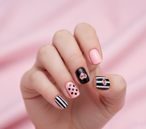 <span class=keywords><strong>Uñas</strong></span> Postizas Autoadhesivas de Marca Propia, 24 Piezas, Diseño de Lunares y <span class=keywords><strong>Rayas</strong></span> <span class=keywords><strong>Negras</strong></span> y Rosas, Aplicación sin Pegamento - Product Image 4