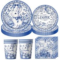 Vaisselle jetable pour fête de Pâques en porcelaine bleue et blanche, assiettes en papier en forme de panier de lapin, décorations de table pour les fêtes