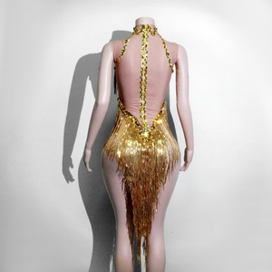 Justaucorps Scintillant Doré à Franges de Strass Lourds pour Spectacle Scénique, Showgirl, Diva, Drag Queen, Célébration - Product Image 2