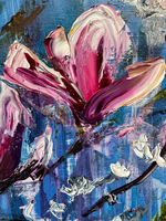 Peinture à l'huile moderne abstraite florale bleue sur toile, relief 3D, peinte à la spatule, impasto épais, décoration murale florale