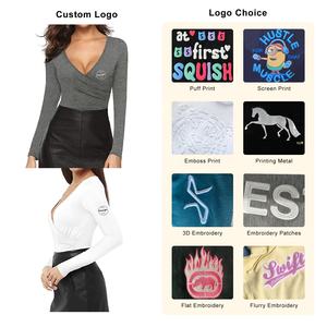 T-shirt de broderie à col en V profond de couleur unie personnalisé pour femmes de haute qualité respirant léger simple impression à manches longues décontracté - Product Image 2