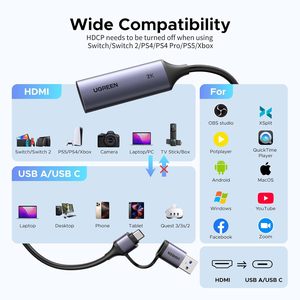 Carte de <span class=keywords><strong>capture</strong></span> UGREEN 2K 30Hz 4K en entrée pour USB 3.0/USB-C, 1080P 60FPS, faible latence pour le streaming et l'enregistrement de <span class=keywords><strong>jeux</strong></span>, compatible - Product Image 5