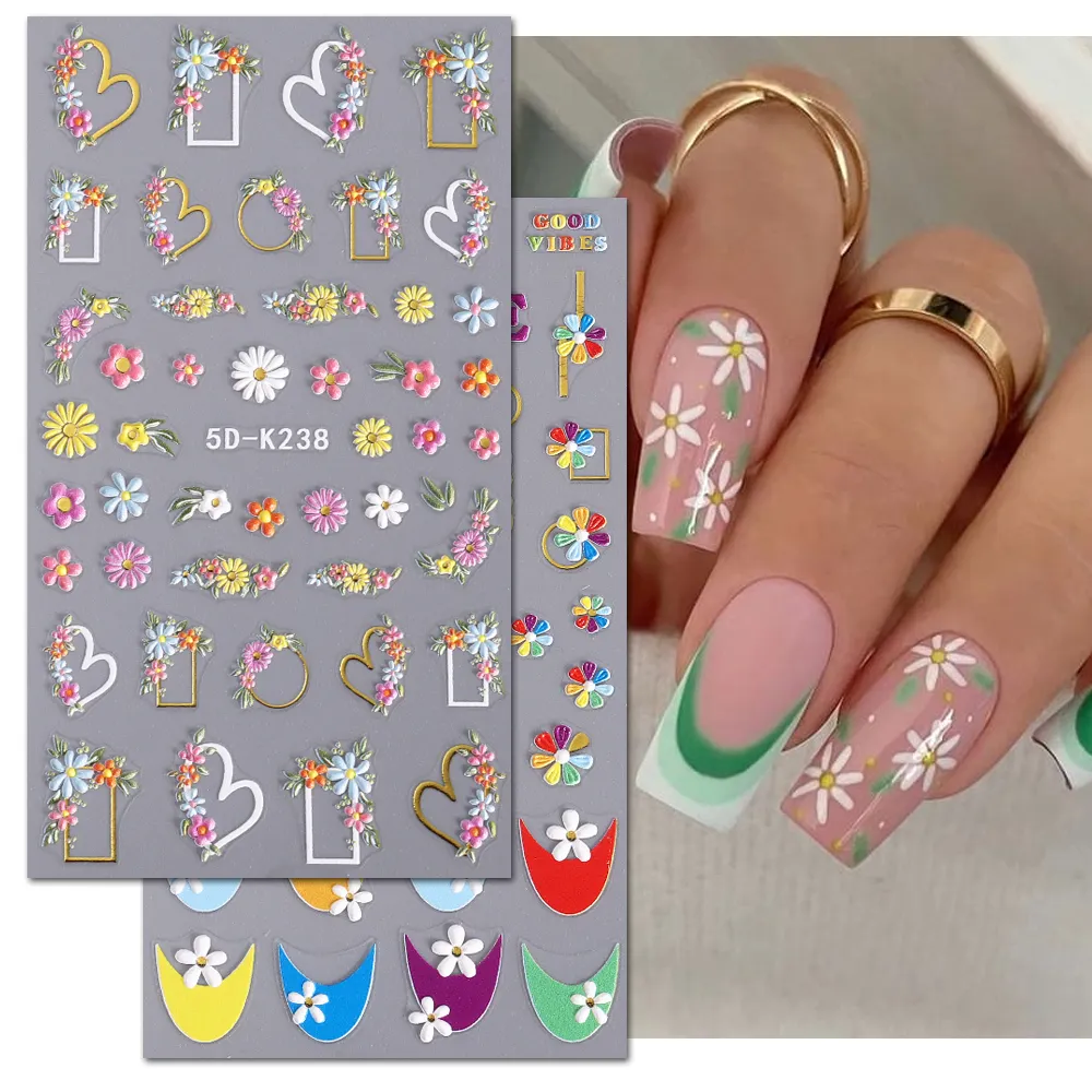 Hot Selling 5D Flower Nail Sticker Decals French Style Daisy Colorful Flowers Nail Art Sticker