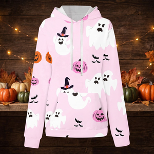 Sweat-shirt rose à capuche pour femme, imprimé fantôme et citrouille d'Halloween, tricoté décontracté à manches longues, idéal pour l'automne - Product Image 2