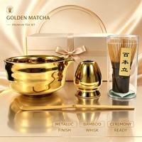 Ensemble cadeau de thé matcha en céramique dorée de luxe, logo personnalisé disponible, kit de cérémonie matcha japonaise pour cadeau