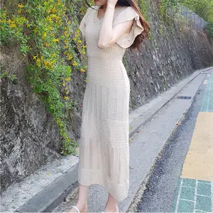 Женское трикотажное платье макси, однотонное повседневное облегающее Привлекательное платье с v-образным вырезом, ажурное облегающее платье из двух предметов без рукавов в Корейском стиле