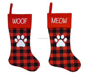 Wholesale Red Black Buffalo Plaid Christmas Stocking Baby Size With <strong>Paw</strong> <strong>Print</strong> and Meow &amp; Woof Embroidery for Holiday Season - Product Image 5