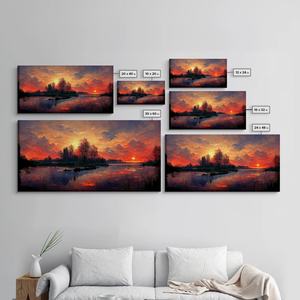 Peinture à l'huile Coucher de soleil sur lac sur toile, prête à accrocher, encadrée style galerie, thème nature et vie lacustre, pour la maison et les collections - Product Image 5