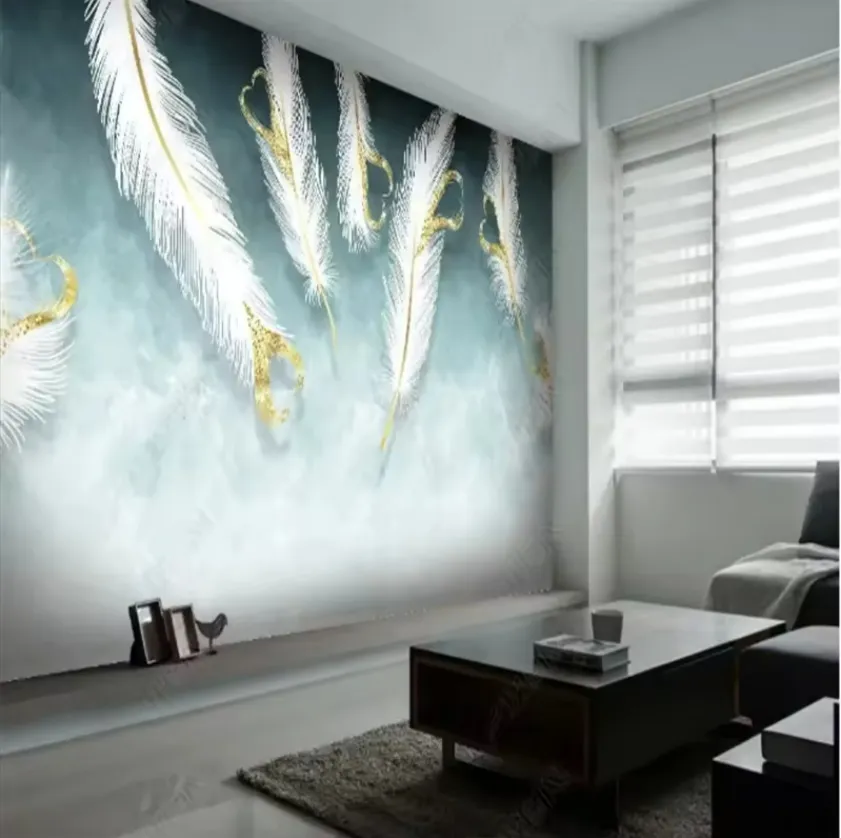 リビングルームテレビソファ背景壁紙家の装飾3D壁画のための手描きの白い羽の壁紙