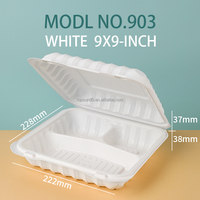 Conteneur alimentaire jetable à 3 compartiments de 9x9 pouces, boîte à emporter blanche pour restaurant, compatible micro-ondes, en plastique PP
