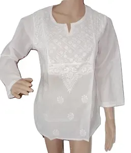 Áo Chẽn Thêu Cotton Trắng-Top-Lucknow Chikan Kurti - Cotton Ngắn Kurta-Bán Buôn Bông Trắng Kurtis