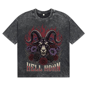 Camiseta de algodón transpirable negra con lavado ácido para hombre, estampado de cabra, cuello redondo, manga corta, ajuste regular, informal, para venta al por mayor - Product Image 1