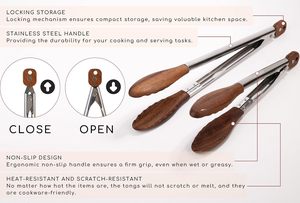 Eco-Friendly Creative Stainless Steel Wooden Black Walnut Olive Solid <b>BBQ</b> Salad Meat Garlic Fry Food Tongs With a Buckle - Product Image 3