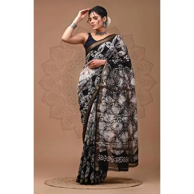 Saree de seda Chanderi con blusa cosida Colección exclusiva de saris de seda chanderi pura estampados a mano con pieza de blusa