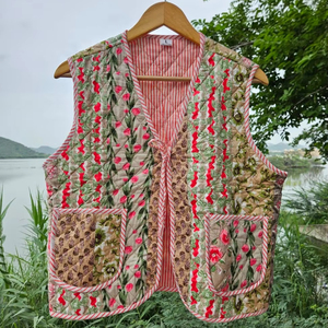 Veste décontractée pour femme, 100% coton fait main, matelassée, à manches courtes, motif floral, fermeture à ceinture, douce, séchage rapide, pour l'hiver - Product Image 1