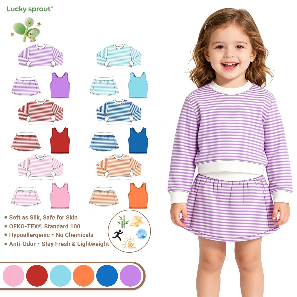 Girls 3 Piece Outfit Kids Long Sleeve Striped Crop Sweatshirt Pleated Skirt Solid Color Tank Top Set Daily Casual Yoga Sets