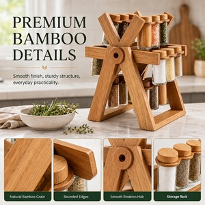 <span class=keywords><strong>Portaspezie</strong></span> <span class=keywords><strong>Girevole</strong></span> a 360° in Bambù, Design a Ruota Panoramica con 18 Barattoli in Vetro, Organizzatore da Cucina per Condimenti - Product Image 3