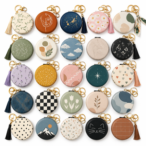 Portable Pocket Mirror Keychains Custom Logo Luxury Round Compact Mirror Keychain PU <strong>Leather</strong> Folding Makeup Mirror <strong>Key</strong> <strong>Chains</strong> - Product Image 4