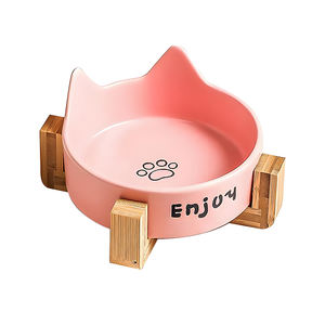 Premium porselen hayvan mama kasesi şık yükseltilmiş seramik köpek kedi besleme istasyonu doğal bambu standı ile hafif otomatik - Product Image 1