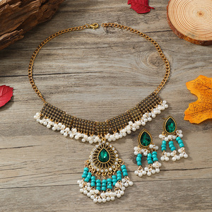 Custom Crystal <span class=keywords><strong>Avenue</strong></span> Mujeres Bohemian Turquesa Borlas Declaración Gargantilla Collar de Perlas Chapado en Oro Conjuntos de Joyas PARA LA Boda - Product Image 3