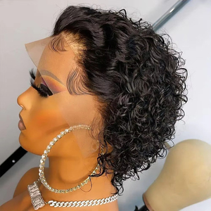 Perruque Pixie Cut pour femmes noires, pré-épilée, avec partie en dentelle 13x1, perruques ondulées effet eau, courtes et bouclées, avec frontal en dentelle 13x4, en <span class=keywords><strong>cheveux</strong></span> humains volumineux - Product Image 1