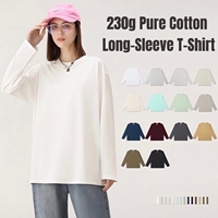 Kaos Oblong Lengan Panjang Unisex Katun Murni 230g Berat, Benang Ganda Berkualitas Tinggi, Warna Solid, Kerah O, Atasan Musim Gugur Musim Dingin Grosir