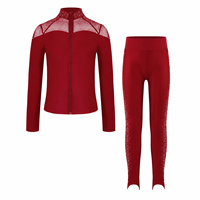 Ensemble de danse rouge pour femmes, ensemble de performance en maille avec strass et paillettes, costume de scène en 2 pièces, tenue de gymnastique professionnelle