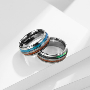 แหวนทังสเตนคาร์ไบด์กว้าง 8 มม. ประดับไม้และโอปอล แหวนแต่งงานผู้ชาย - Product Image 2