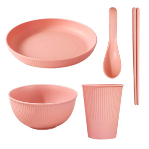 Juego de platos, tazones y vasos de plástico PP con textura de paja de trigo, estilo nórdico, vajilla redonda para picnic y uso diario. - Product Image 1