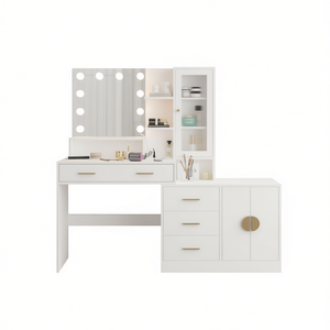 Moderna Scrivania per Trucco Bianca con Specchio Illuminato a LED, Cassetti e Ripiani Portaoggetti Modello D0100HAM9BV - Product Image 1