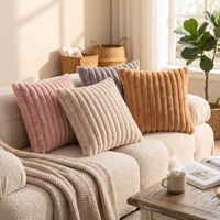Housse de coussin carrée 45*45cm pour l'hiver, coussin de canapé chaud pour la décoration, housse de coussin moderne rayée en fausse fourrure de lapin