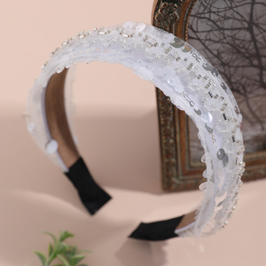 Serre-tête <span class=keywords><strong>de</strong></span> luxe rembourré à sequins fait main, avec dentelle blanche et perles tubulaires, pour mariage, large, accessoire <span class=keywords><strong>de</strong></span> mode - Product Image 5