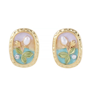 Boucles d'oreilles clous en perles baroques roses, boucles d'oreilles peintes à l'huile, boucles d'oreilles rectangulaires irrégulières en perles d'eau douce naturelles, <span class=keywords><strong>bijoux</strong></span> pour femmes - Product Image 5