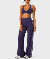 Set Fitness Wanita 2 Potong Bahan Spandex/Nylon, Atasan Crop Top V-Neck Tali Silang, Celana Panjang High Waist Lebar, Bernapas