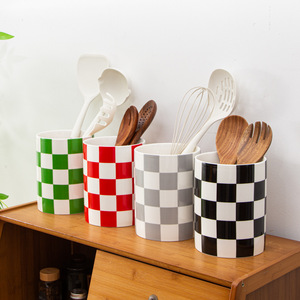 Portautensilios Redondo de Cerámica Chaozhou con Drenaje, Rayas a Cuadros, Secado Rápido, Almacenamiento Multiusos para Cocina - Product Image 3