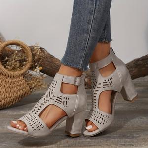 Sandalias de tacón medio sexy con correa para mujer, estilo romano, huecas, con cordones, punta abierta, casuales y de tacón grueso - Product Image 6