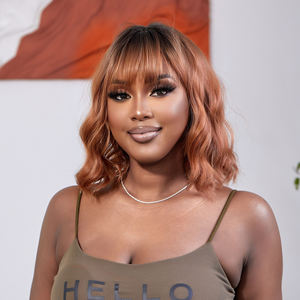 Short Natural Wavy Synthetic <strong>Wigs</strong> with Bangs Red Brown Bob Hair Ombre for Black Women <strong>Afro</strong> Party Cosplay <strong>Wig</strong> Heat Resistant - Product Image 4