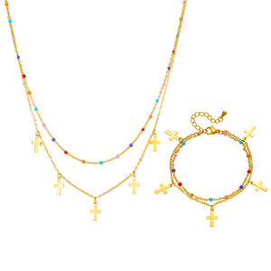 <b>Cross</b> <b>Chain</b> Necklace Set Stainless Steel Multicolor Beads Women's Fashion Jewelry - Product Image 5