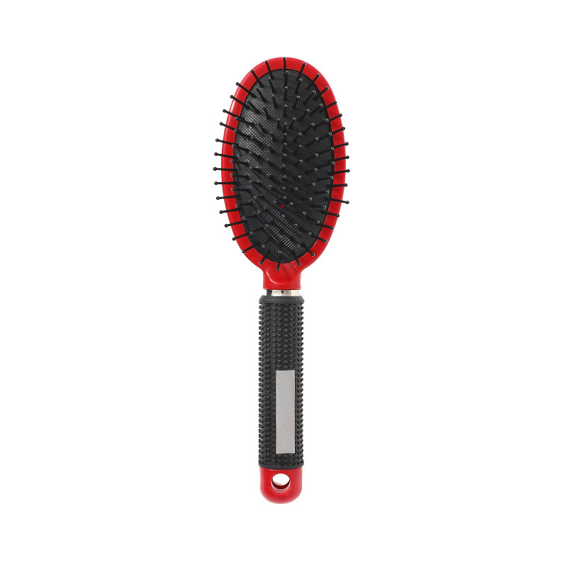Red oval cushion comb [with rubber-coated handle]