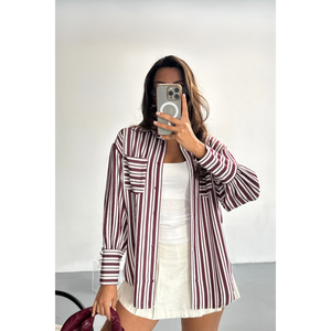 Camisa Casual Holgada de Seda y Algodón Borgoña con Rayas y Patrón Floral Bordado, Tejido Transpirable, Talla XL para Todas las Temporadas - Product Image 4