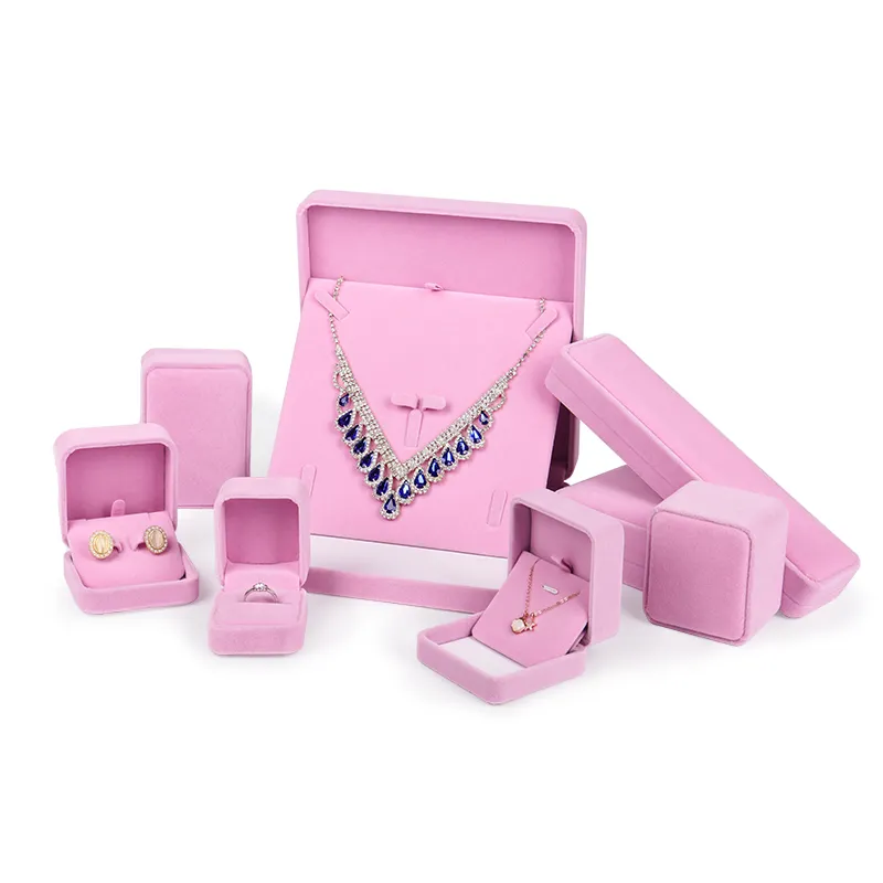 Sundo factory price luxury blue pink velvet jewelry box with logo for ring earring necklace bracelet bangle gift packaging