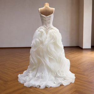Robe de mariée formelle Jancember 261046 en tulle à volants, avec bretelles spaghetti, motif losanges blancs et <span class=keywords><strong>taille</strong></span> basque - Product Image 5