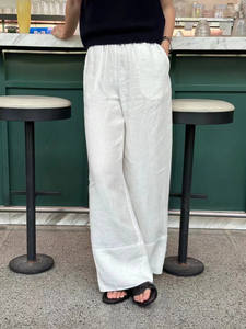 Pantalon droit en lin blanc minimaliste pour femme, taille élastique régulière, mi-longueur, respirant, décontracté, été, ODM - Product Image 2