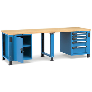 Banco de trabajo regulable Fami Master 250cm en color azul con encimera de madera, puerta y 5 cajones - Product Image 1
