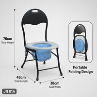 Chaise de toilette médicale pliable avec seau et couvercle, poignée, cadre en métal noir, largeur de siège 38 cm, approvisionnement en gros