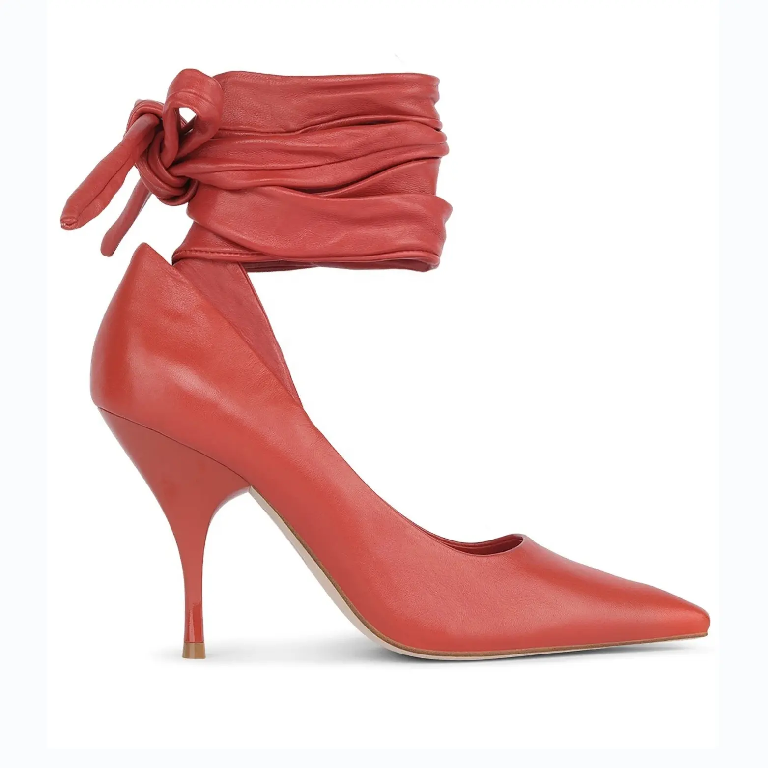 Zapatos de diseñador con correa en el tobillo para mujer, zapatillas de tacón medio con punta en pico, de piel sintética naranja, novedad de 2021