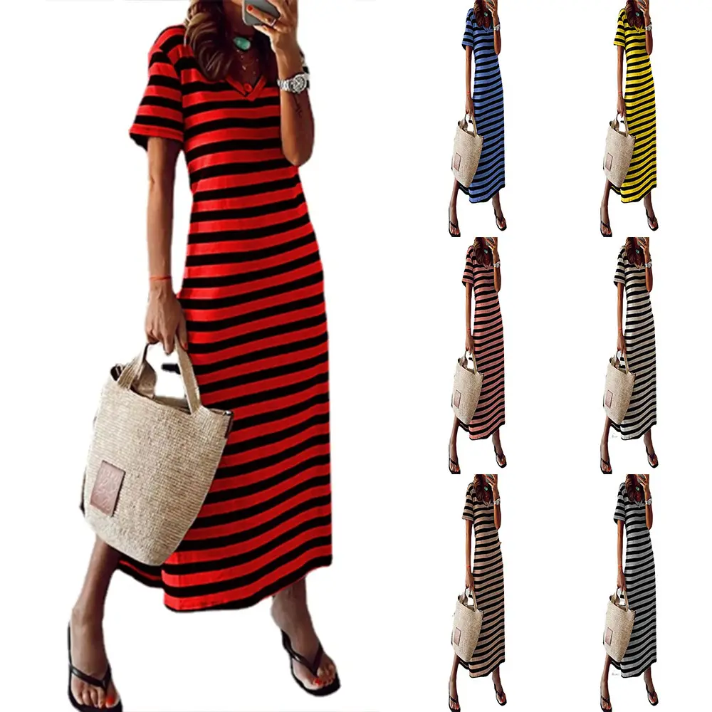 Side Split Across Stripes Dresses Wholesale Fast Shipping Summer Short Sleeves V Neck Ladies Stripe Long Maxi T Shirt Dresses
